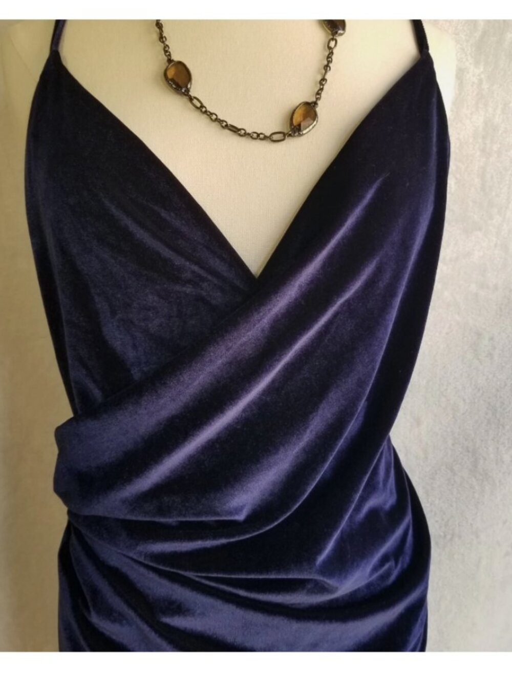Double Crazy Drape Neck Asymmetrical Hem Blue Velvet Cami Dress with Side Slit